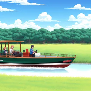 Serene Country Landscape with Hovercraft Flying over Green Meadow