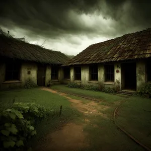 Rustic Farmhouse with Thatched Roof in Rural Setting