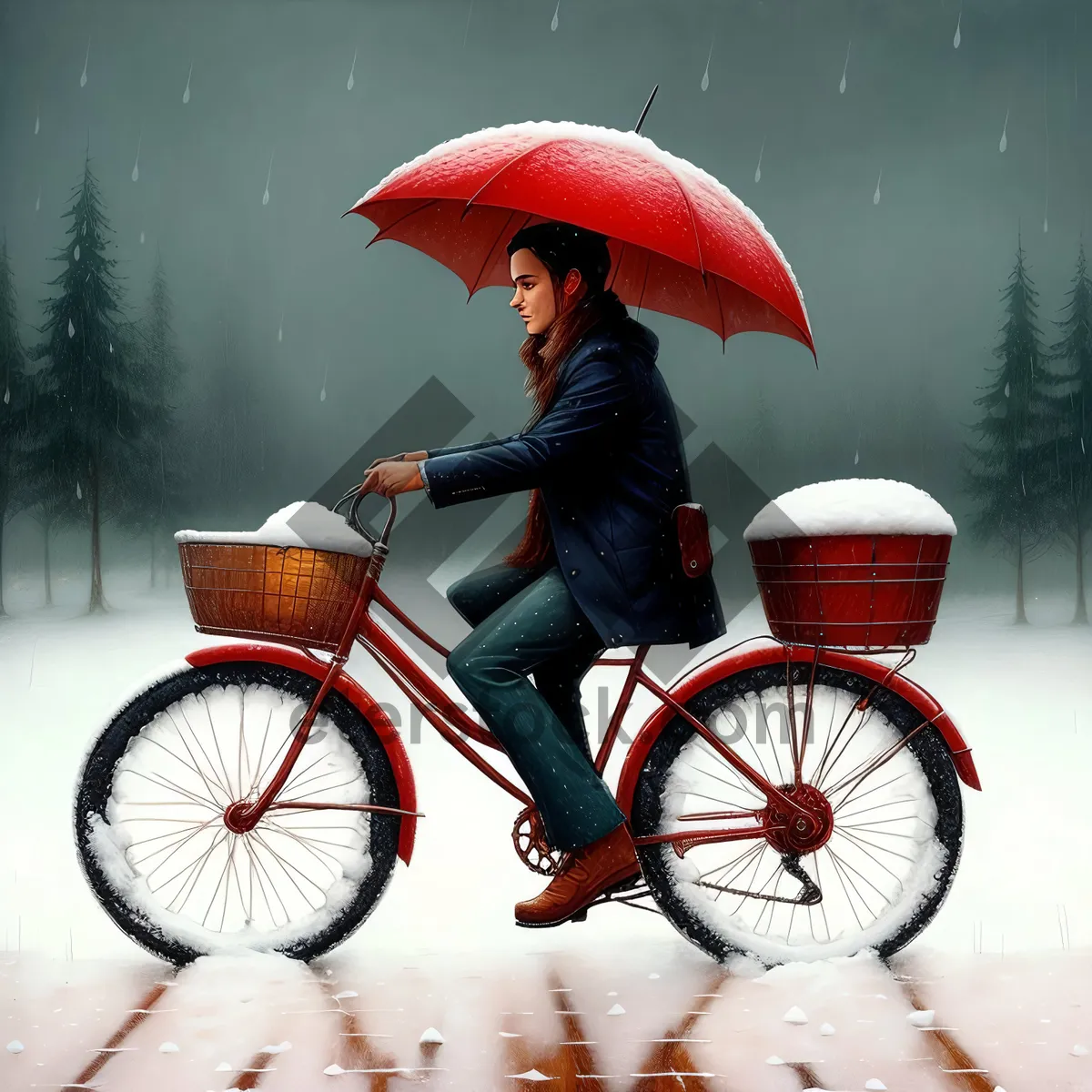 Picture of Man Riding Bicycle Under Umbrella