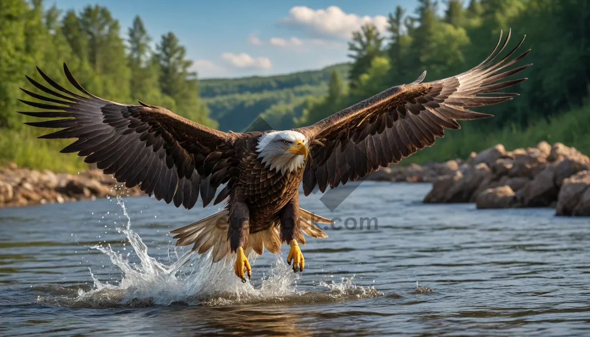 Picture of Majestic bald eagle soaring with outstretched wings.