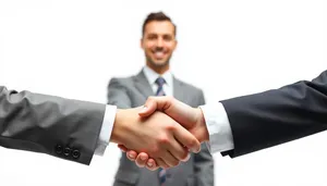 Happy male professional in corporate office holding paperwork.