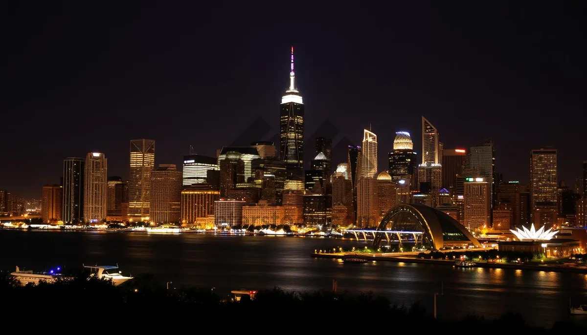 Picture of Modern office tower reflecting city lights on water at night