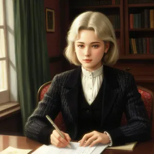 Happy businesswoman working on laptop in office