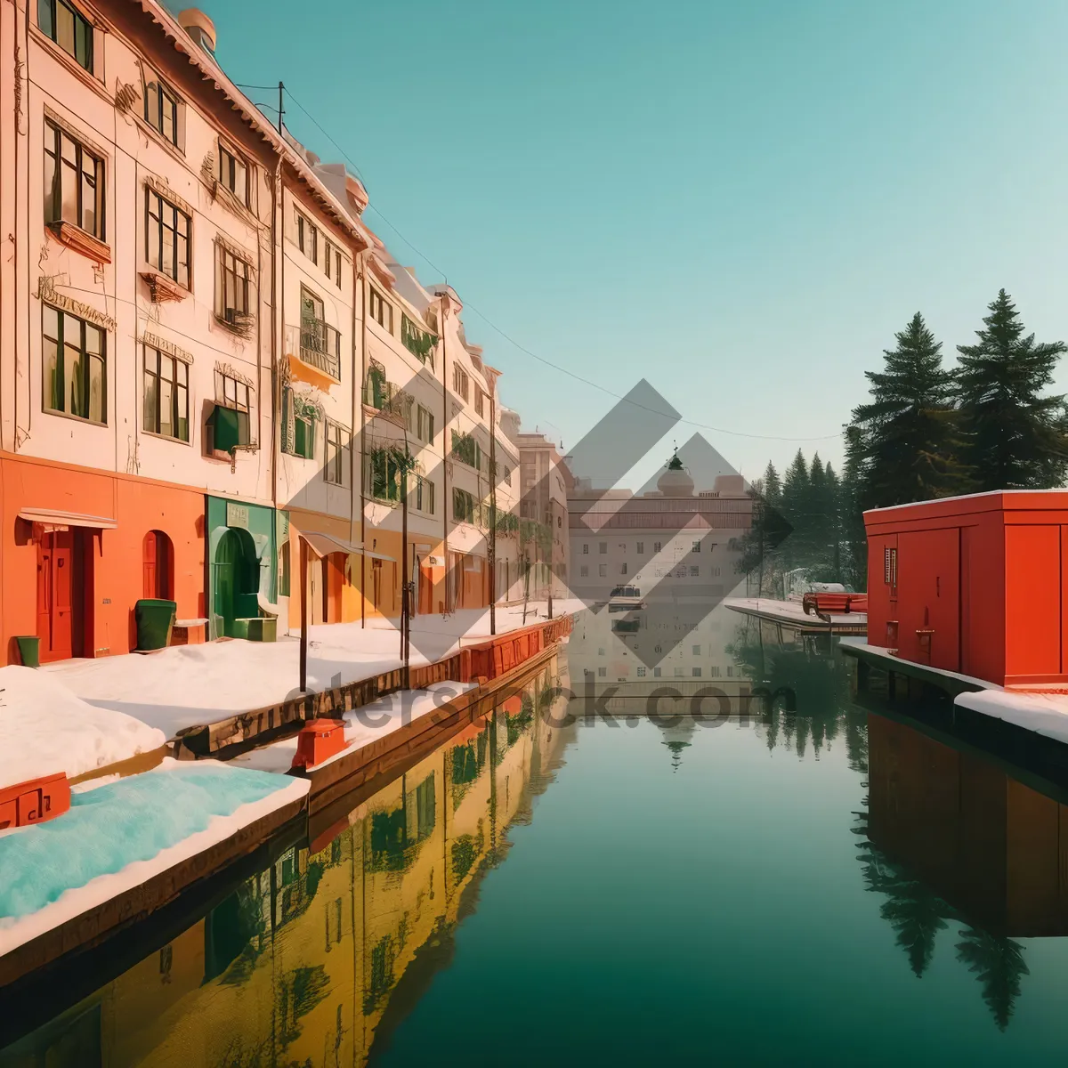 Picture of Historic cityscape with river and boathouses