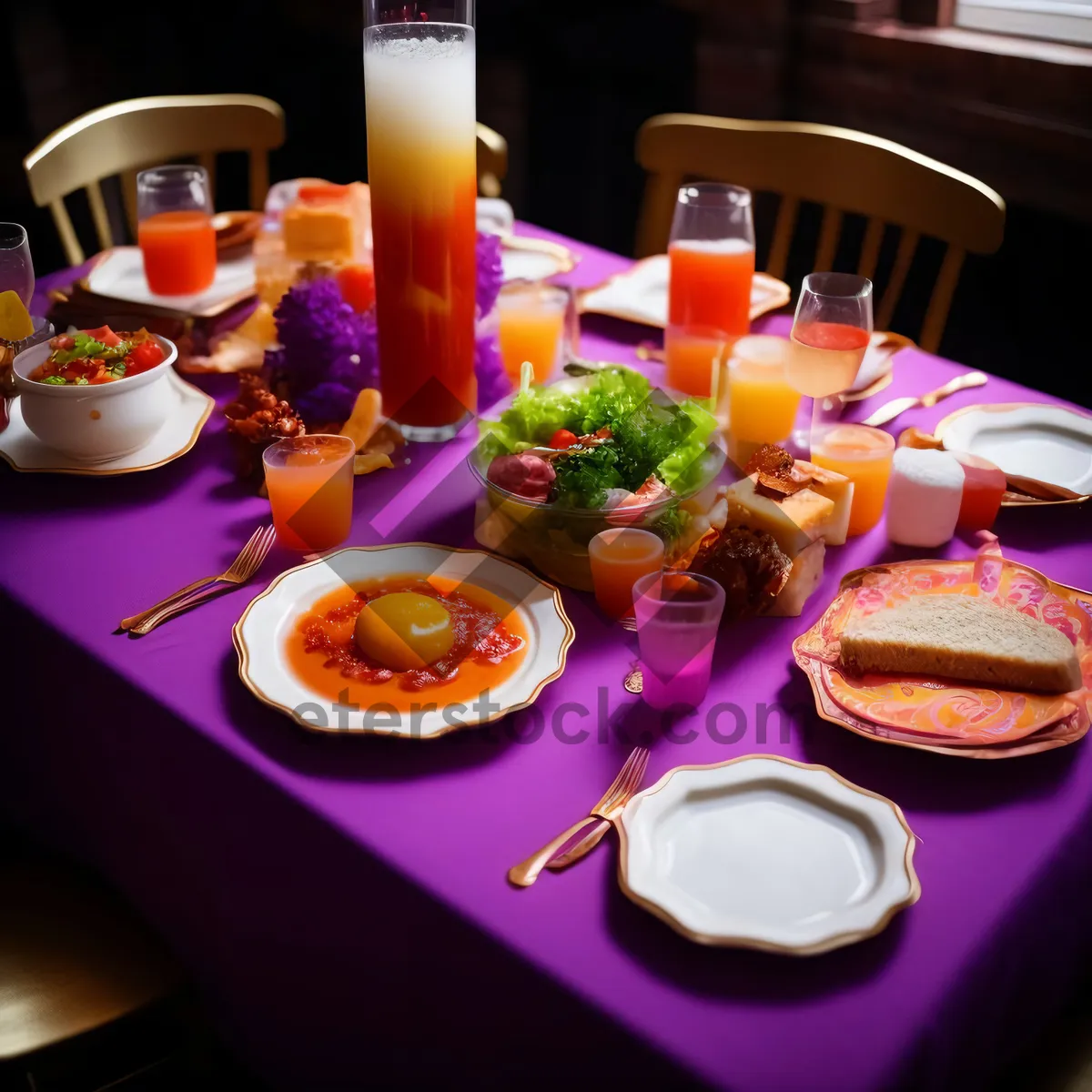 Picture of Gourmet meal on elegant dining table with candlelight