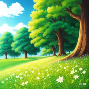 Colorful Meadow Under a Bright Oak Tree