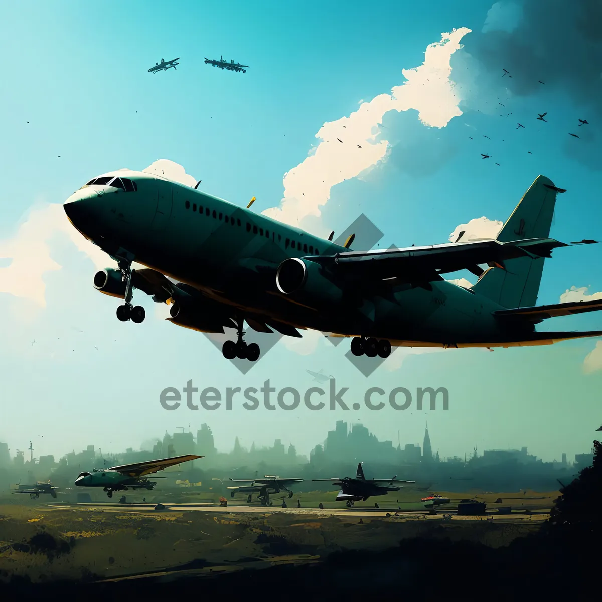 Picture of Jet airliner takeoff at airport with clear sky