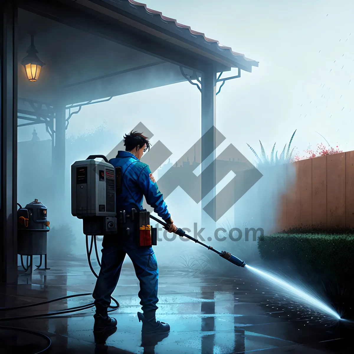 Picture of Sporty Man Using Squeegee for Cleaning