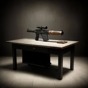 Firearm atop wooden table in furnished room