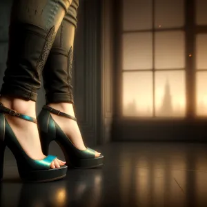 Seductive black leather heels embrace alluring legs.