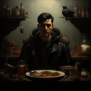 Happy man enjoying meal at restaurant table.