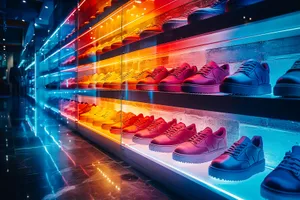 Digital 3D shoe shop counter at night