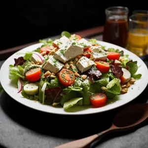 Gourmet vegetable salad with grilled meat and fresh greens