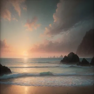 Serene Coastal Sunrise with Shipwreck on Beach
