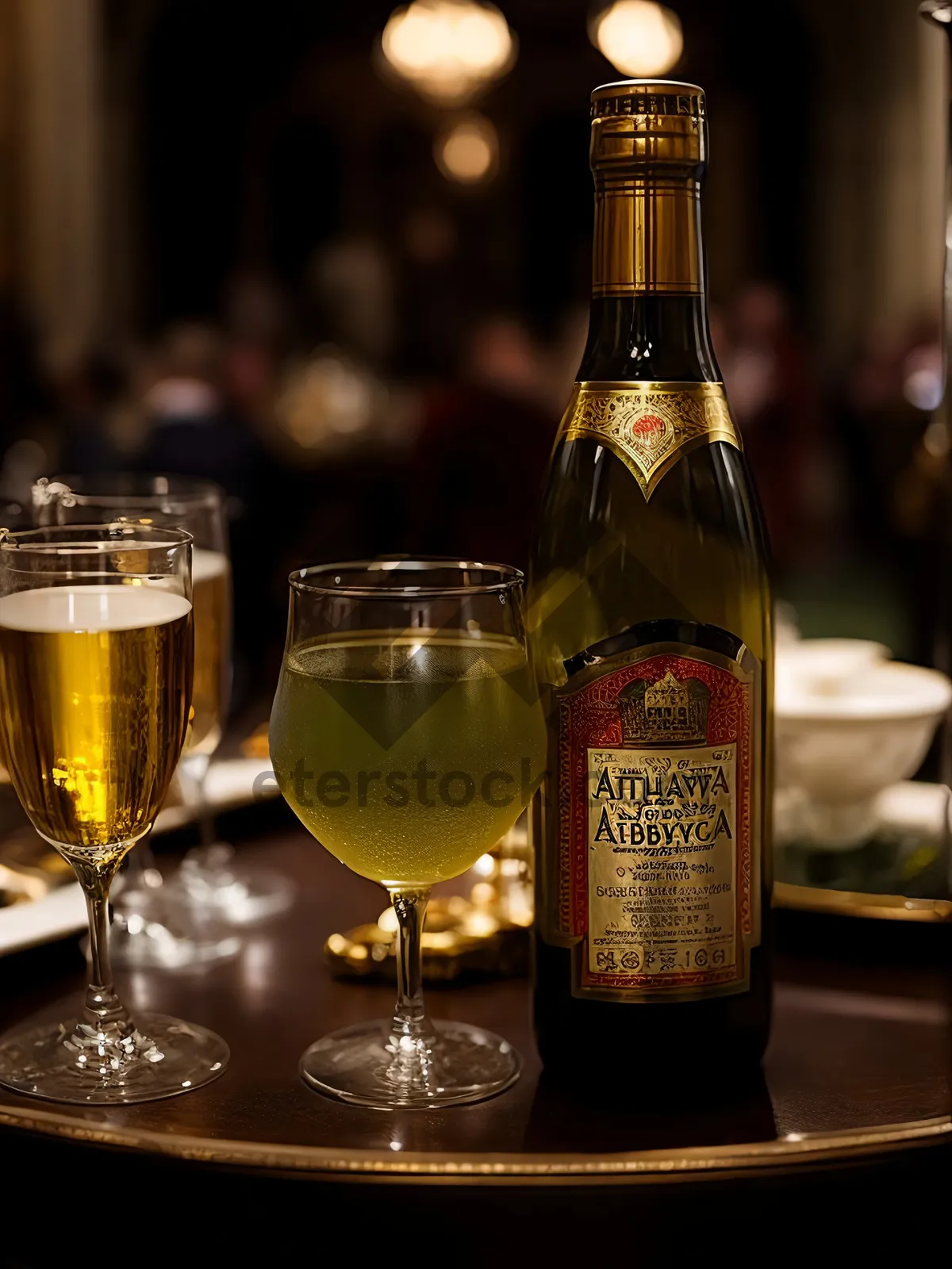 Picture of Vibrant Celebration: Wineglass and Bottles at Restaurant Bar