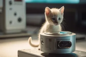 Curious kitty staring at device monitor.