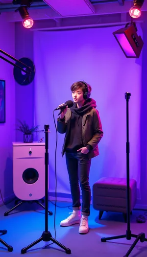 Male singer in business suit with locker