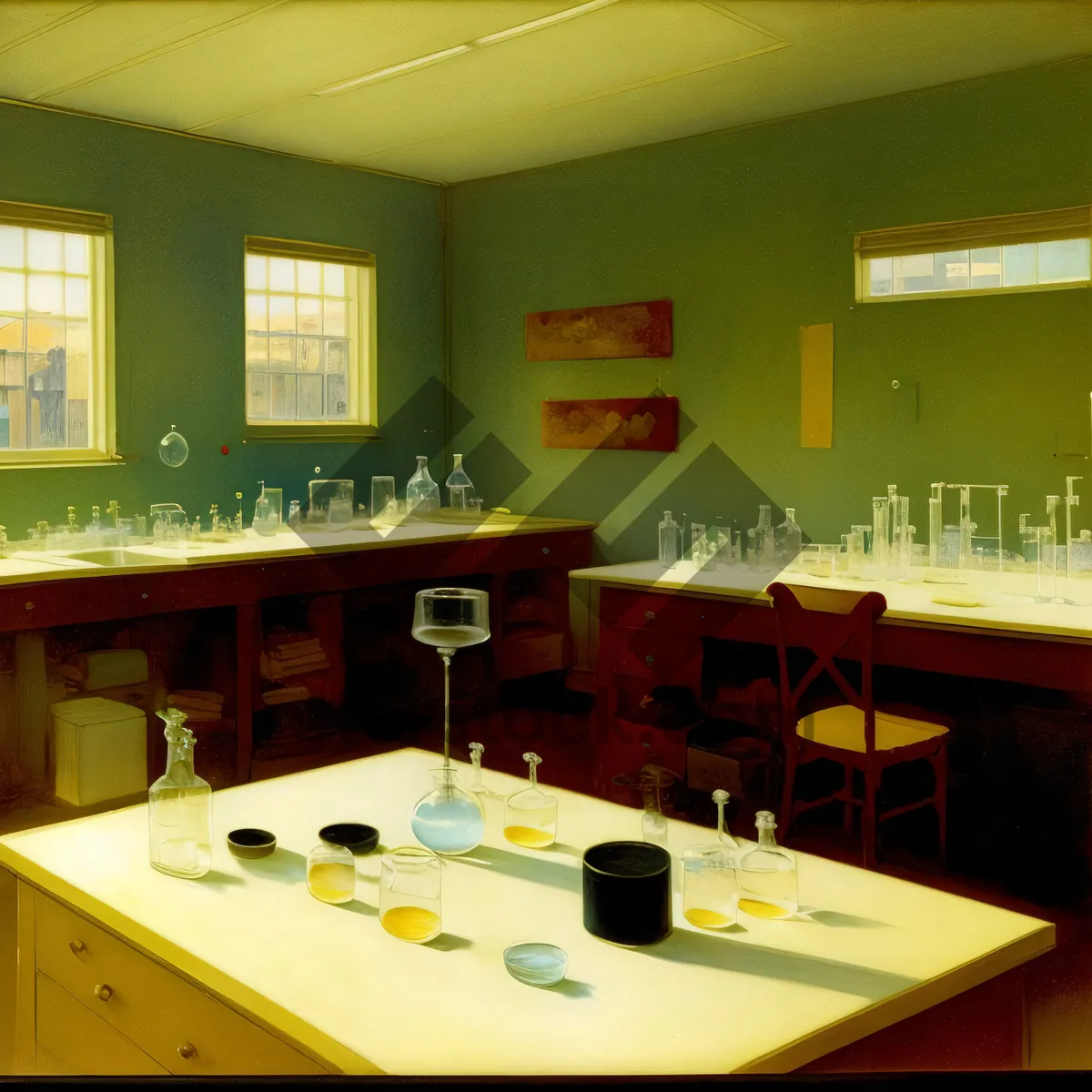 Picture of Modern Kitchen Interior with Wood Table and Chairs