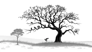 Black silhouette of oak tree with floral design.