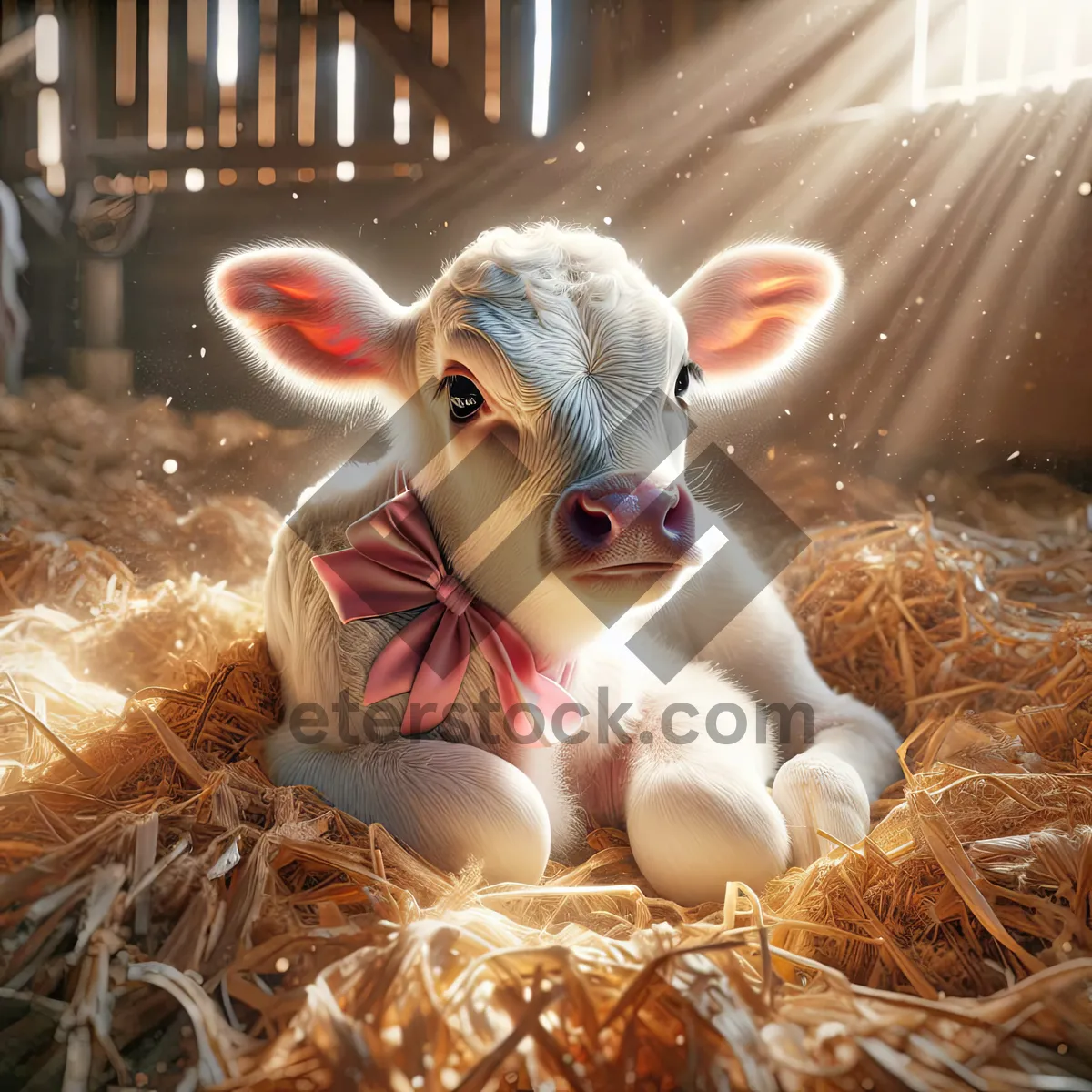 Picture of White Calf With Pink Bow In a Barn