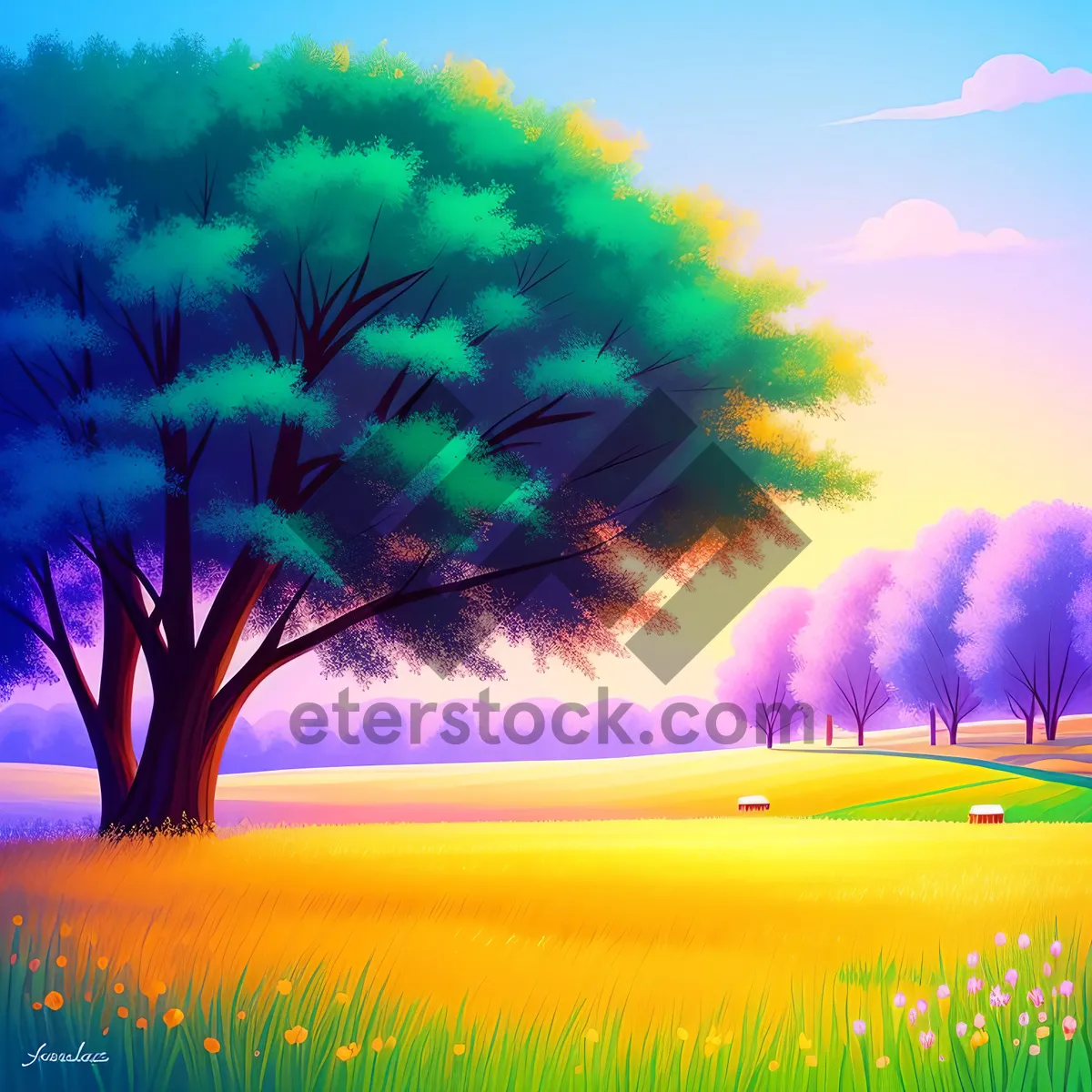 Picture of Vibrant Summer Sunset over Meadow and Horizon