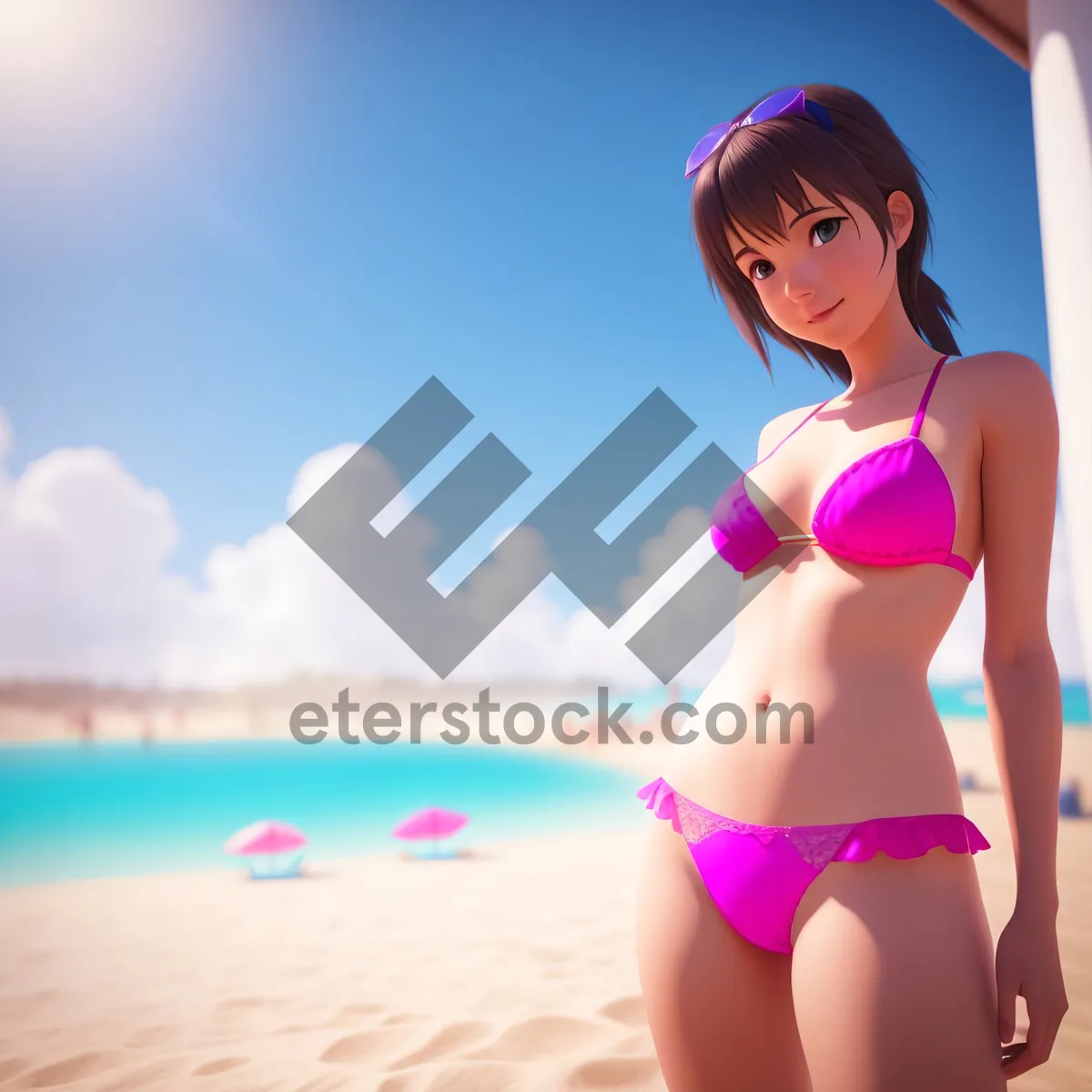 Picture of Sensual Beach Pose: Slim Brunette in Bikini