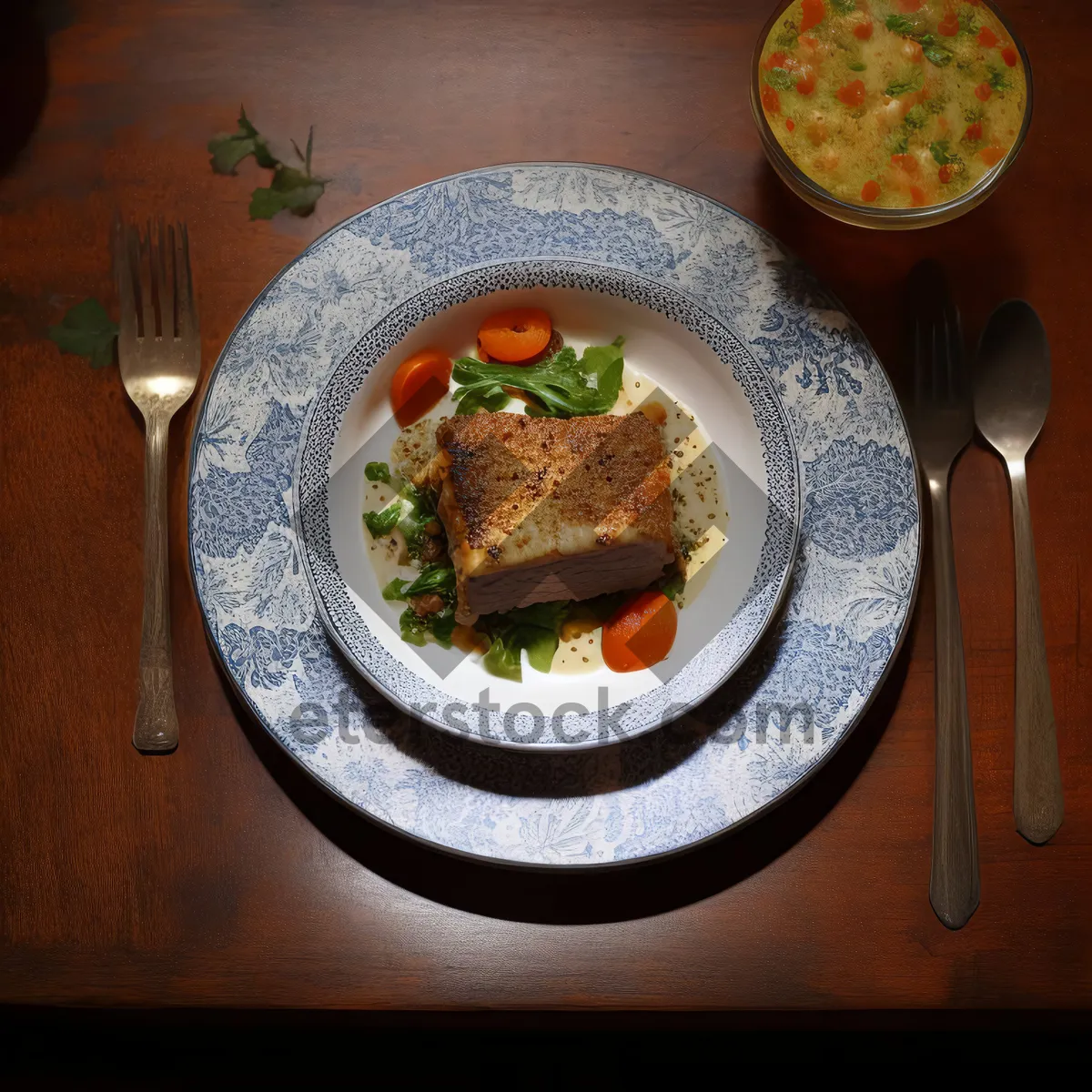 Picture of Delicious vegetable soup in a white bowl