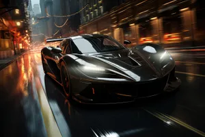 Luxury sports car on urban road at speed