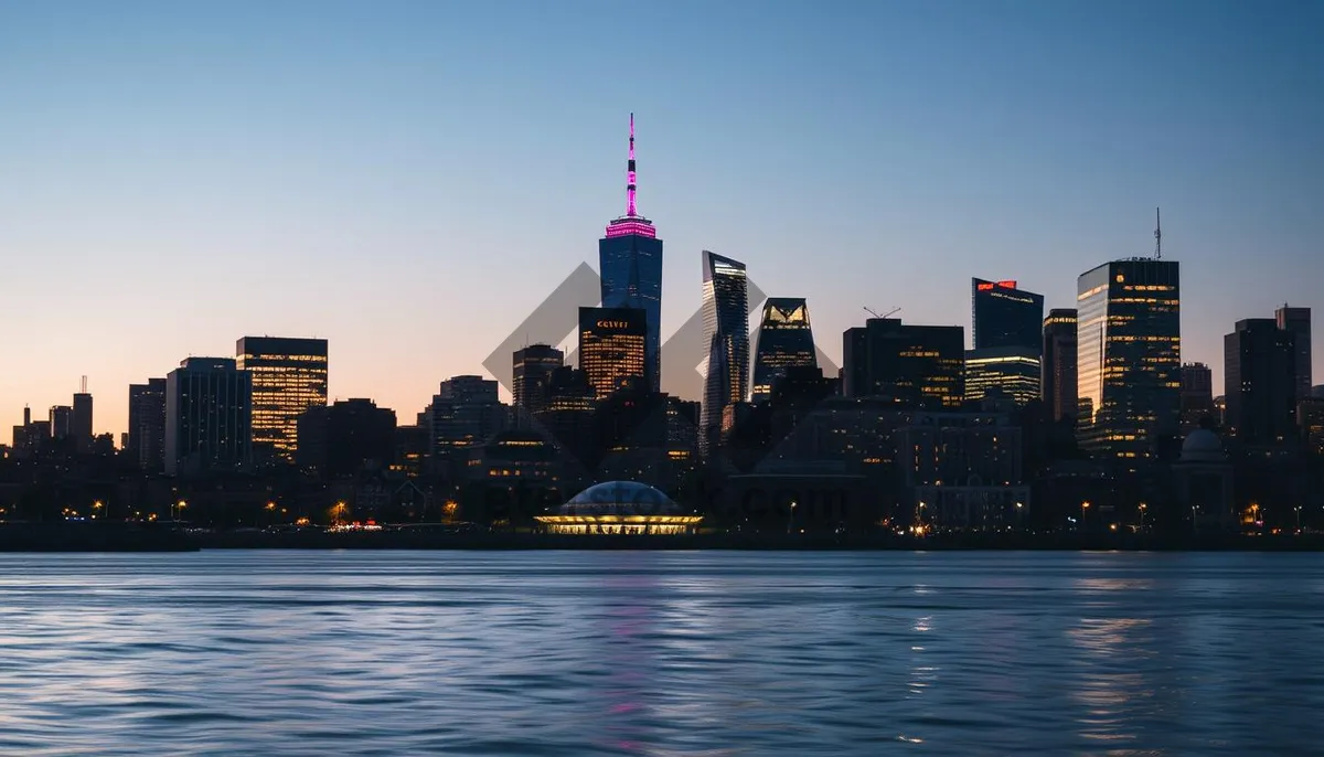 Picture of Modern skyline at dusk with bustling waterfront cityscape.