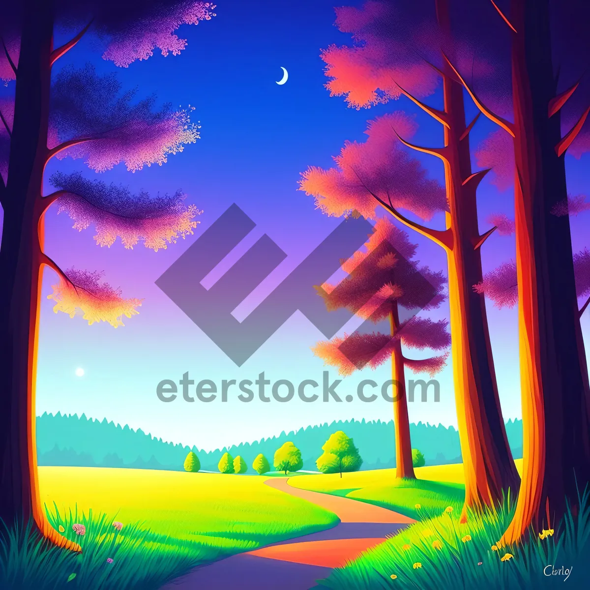 Picture of Vibrant Summer Sunset Silhouette with Lightning and Bright Sky