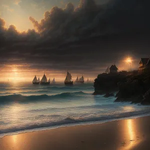 Sunset Shipwreck on Beach – Serene Coastal Landscape