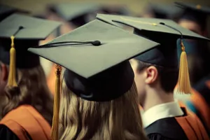 Happy graduate in mortarboard and gown with diploma.