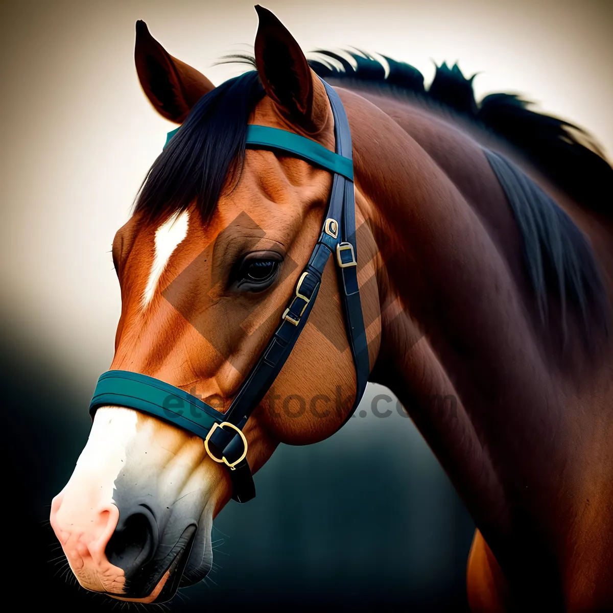 Picture of Brown Thoroughbred Stallion in Bridle and Halter