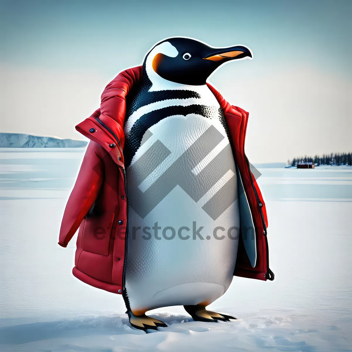 Picture of Penguin Wearing a Red Coat Standing On Snow