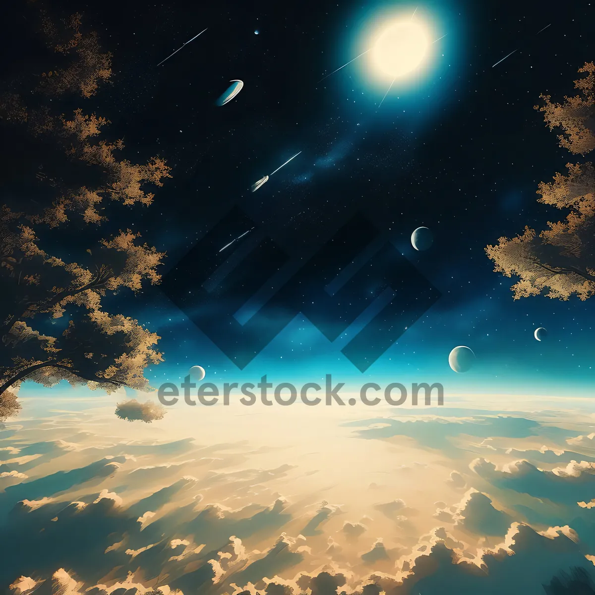 Picture of Glowing moon in dark sky surrounded by stars.