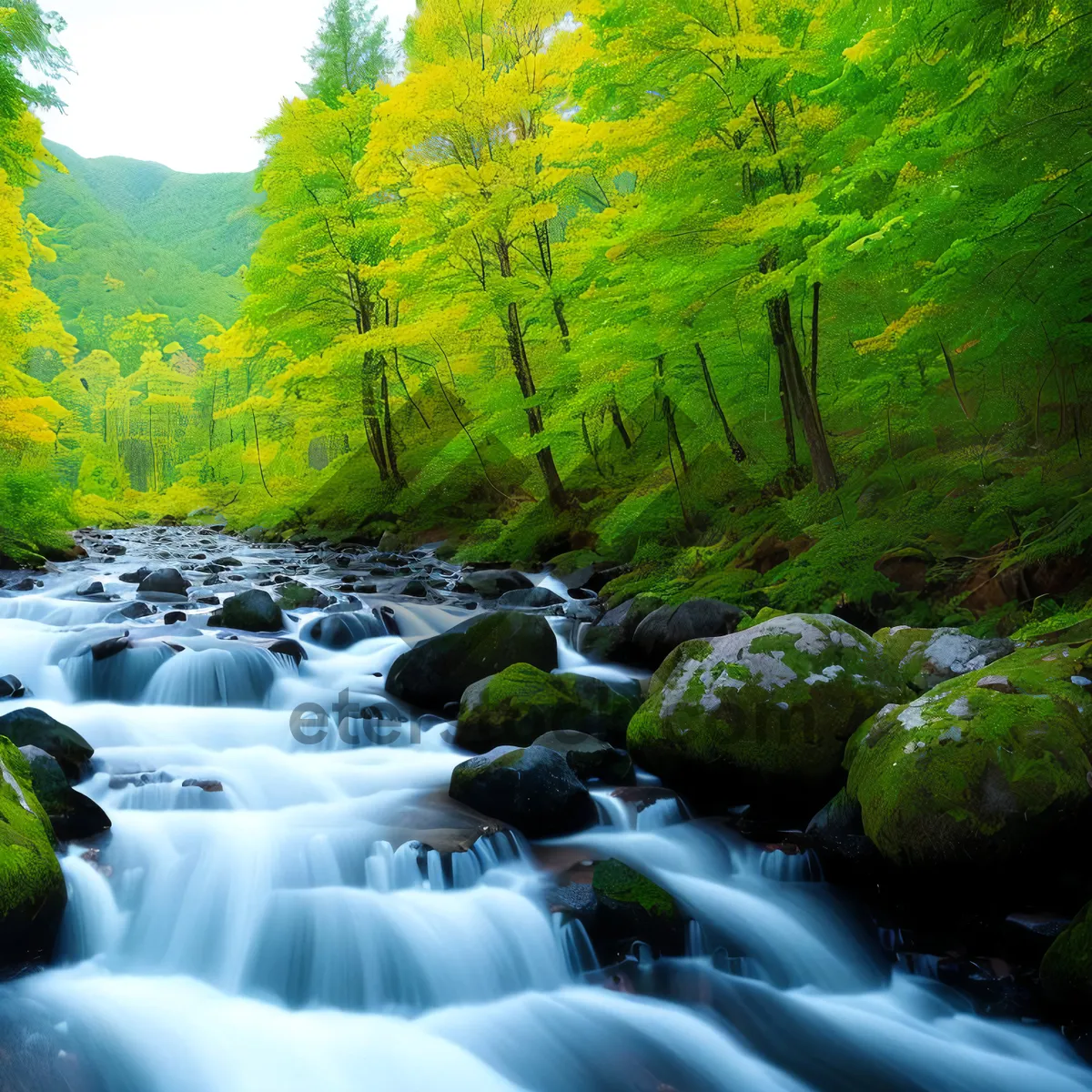 Picture of Serene Waterfall Flowing Through Mossy Forest