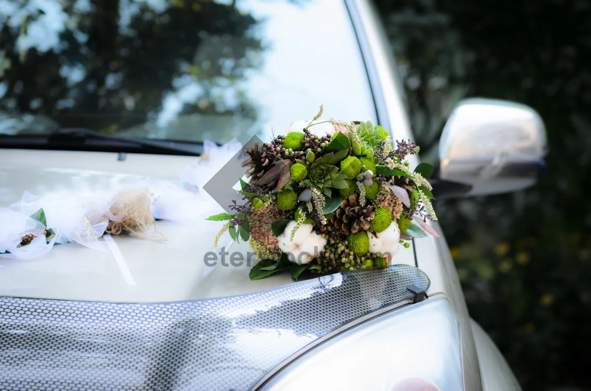 Picture of Wedding Couple in Decorated Car with Flower Bouquet