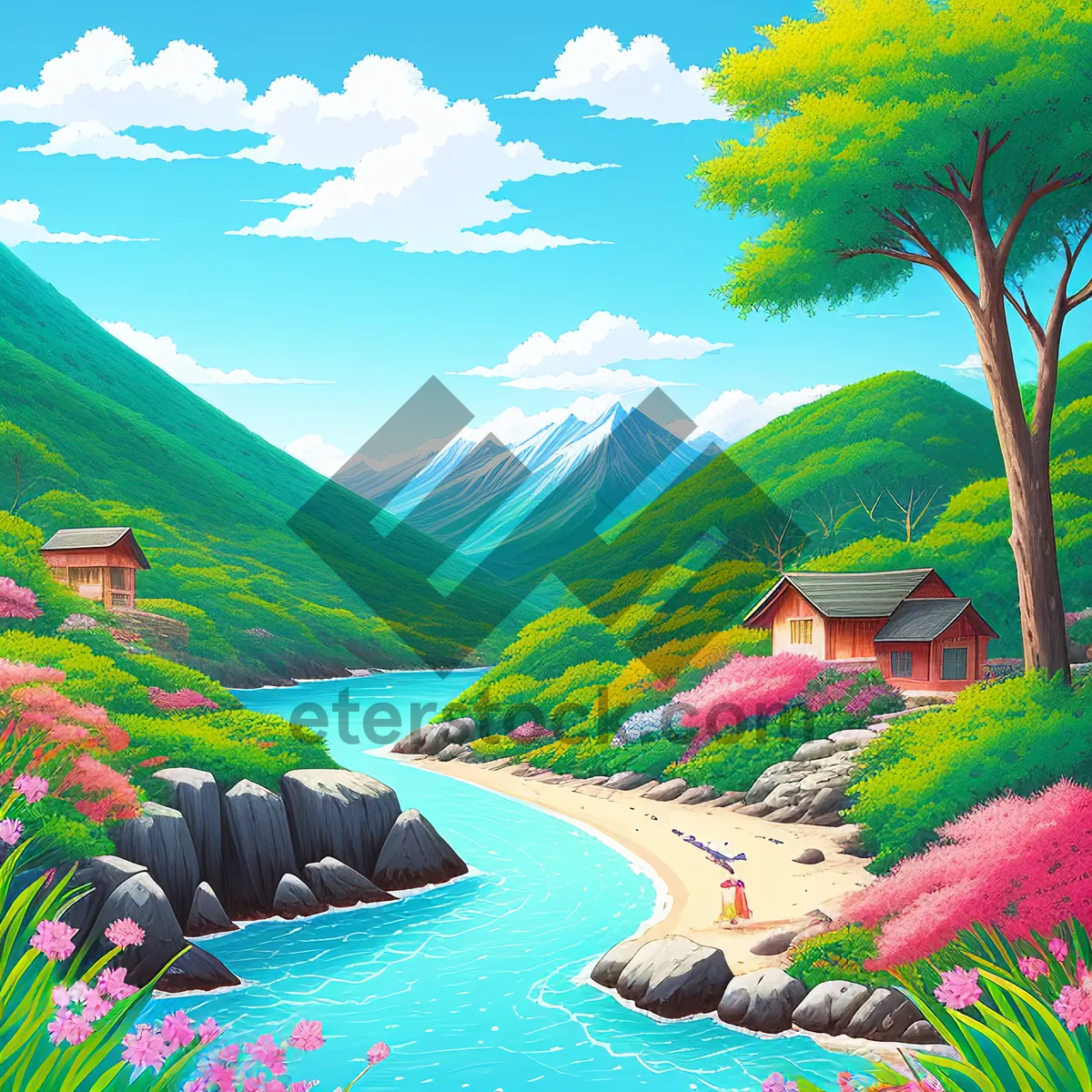 Picture of Serene Summer Countryside Landscape with Majestic Mountains