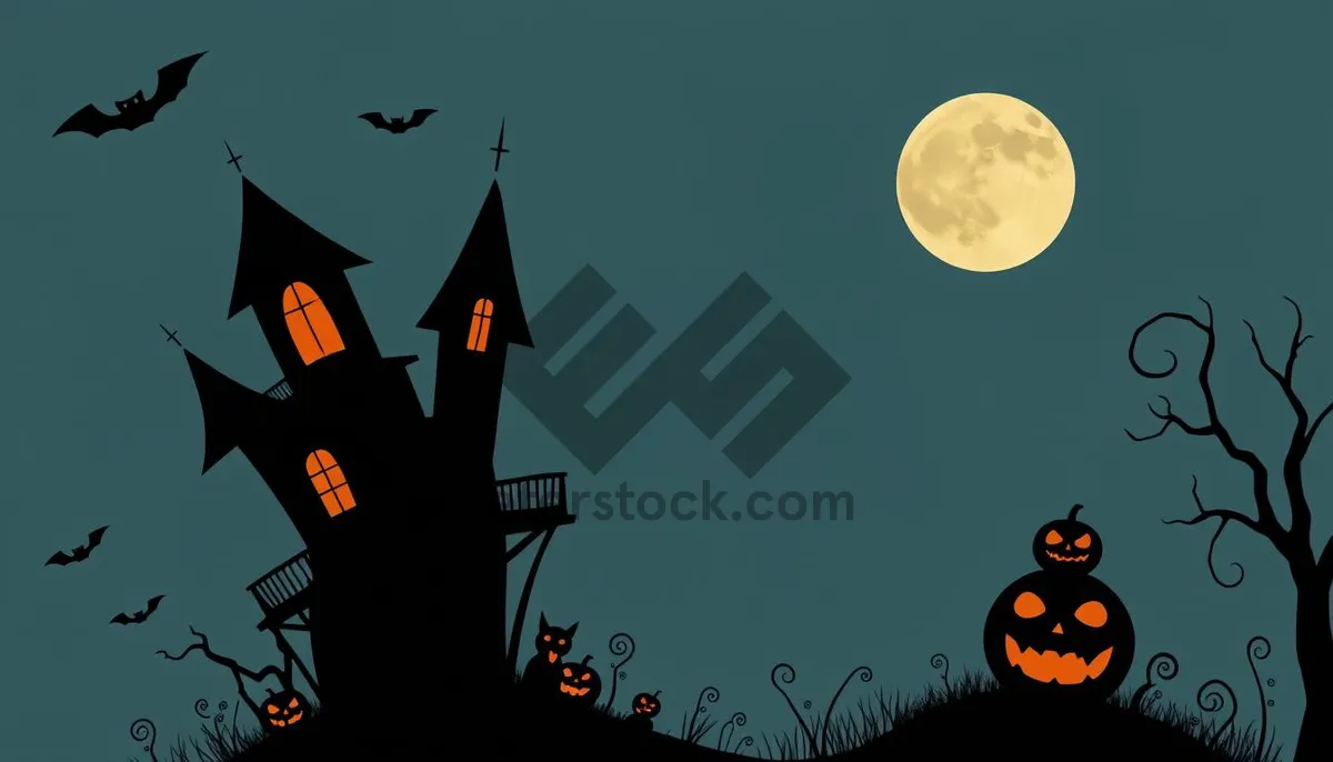 Picture of Spooky night sky with silhouette tree - Halloween card.