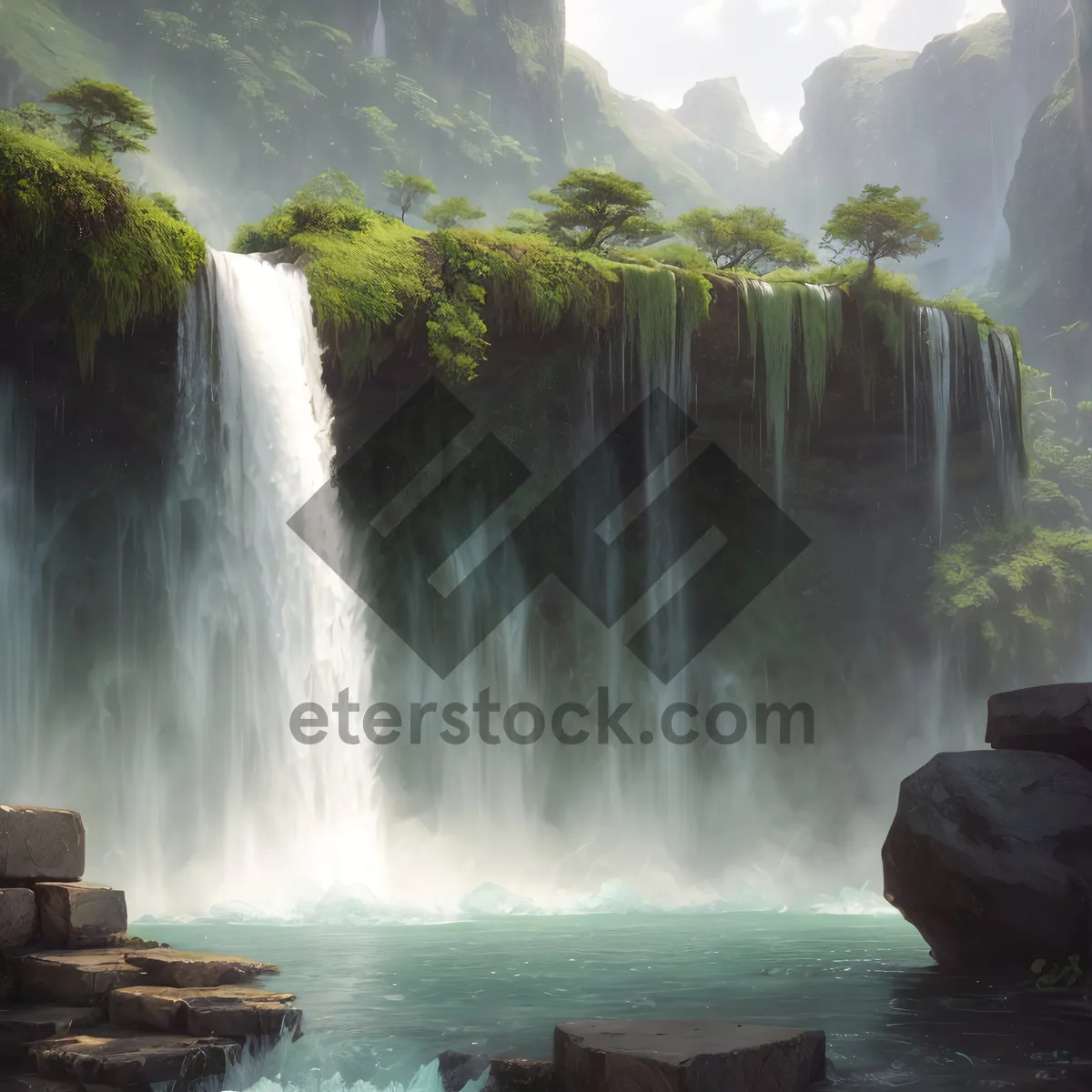 Picture of Serene Mountain Cascade in Lush Forest