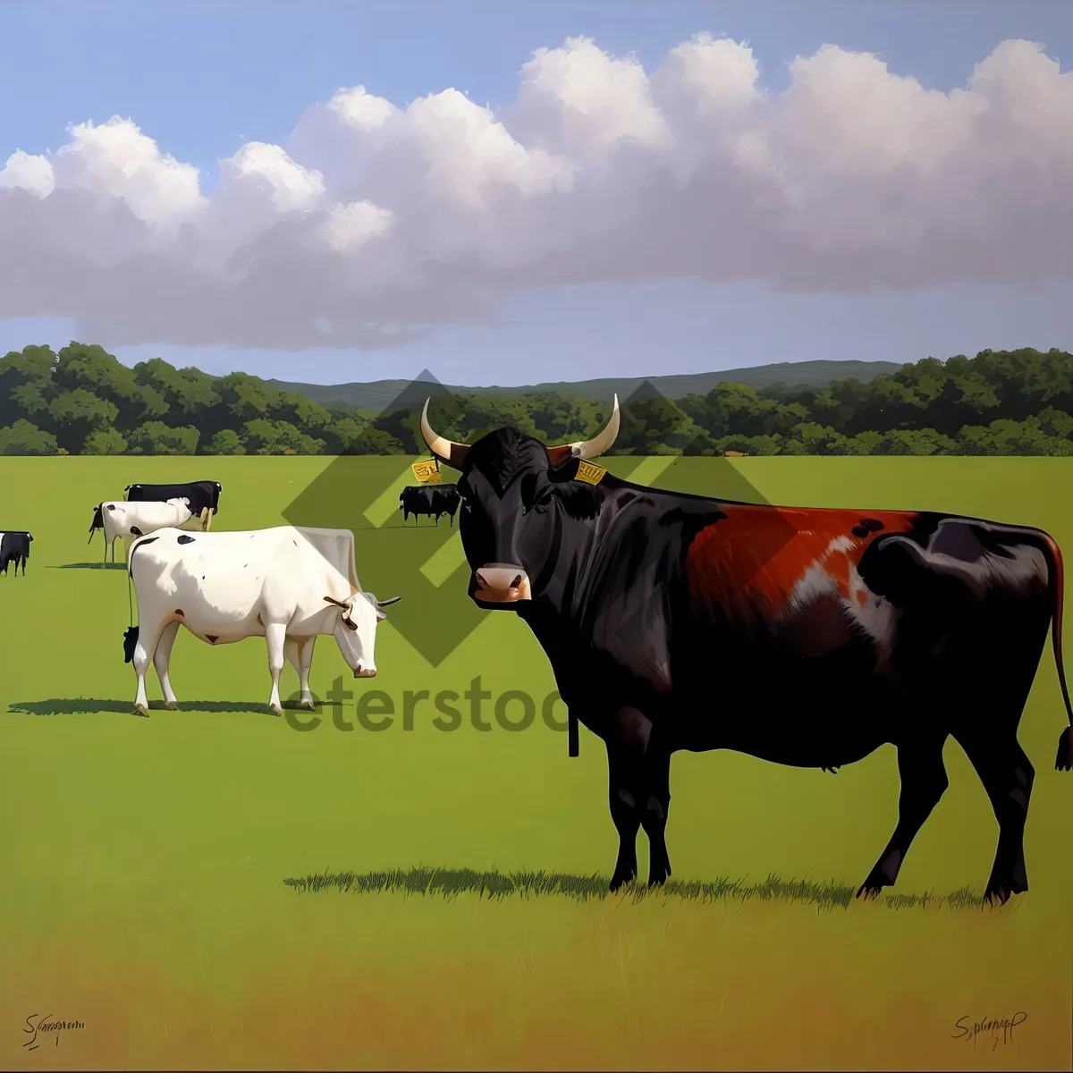 Picture of Serene Rural Meadow with Grazing Horses and Cows