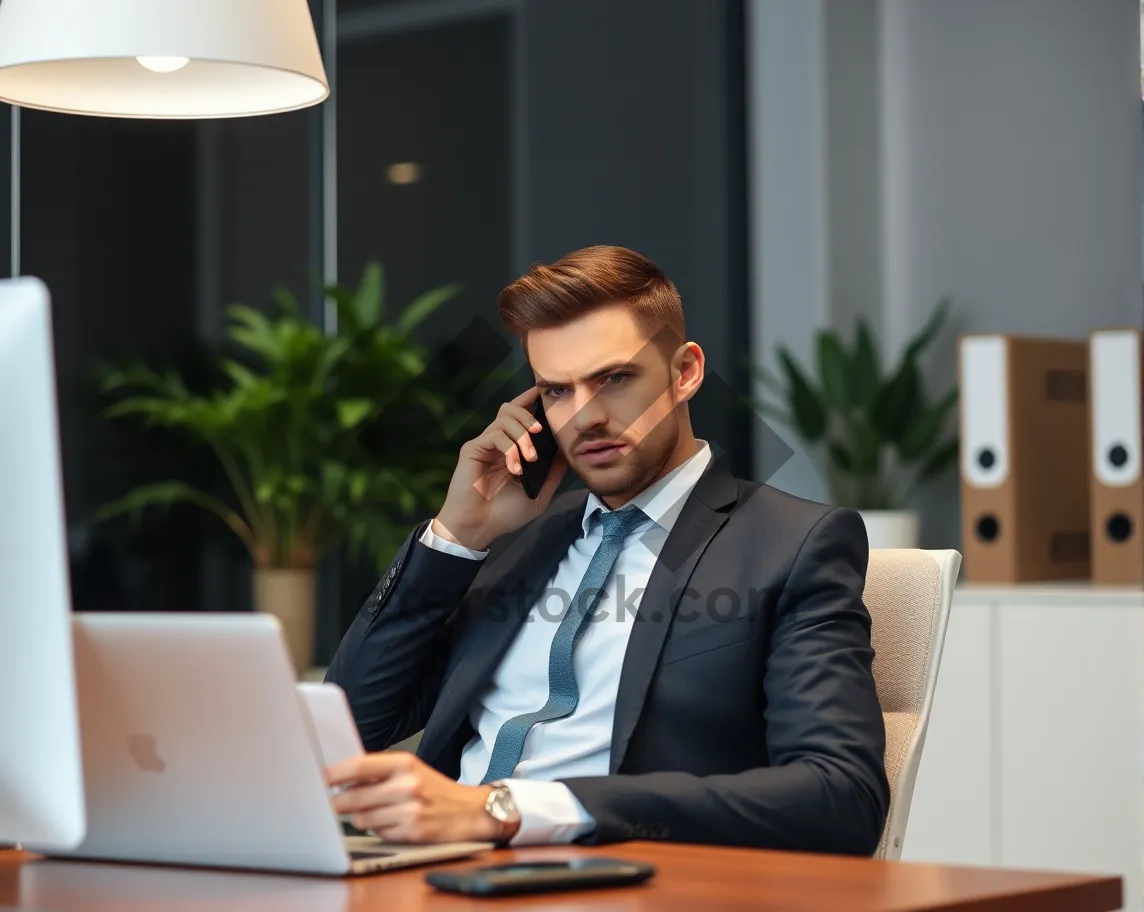 Picture of Smiling executive businessman working on laptop in office