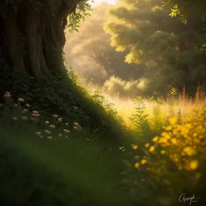 Serenity in Autumn: Rapeseed Fields with Sunlit Forest