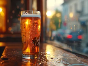 Golden Beer Glass Closeup at Restaurant Party