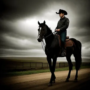 Brown Stallion with Cowboy Riding Equestrian Saddle