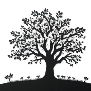 Black silhouette of oak tree branch with floral pattern