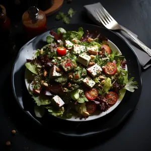 Gourmet beef salad with fresh vegetables and sauce.