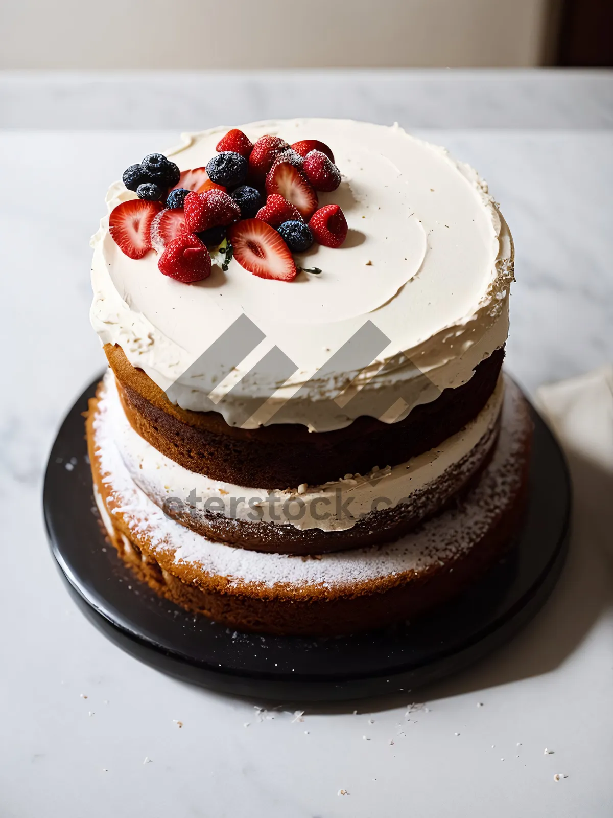 Picture of Delicious Gourmet Cake with Fresh Strawberries and Chocolate Sauce