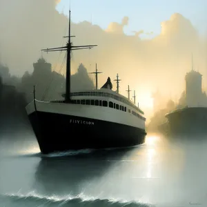 Ocean liner sailing through vibrant harbor