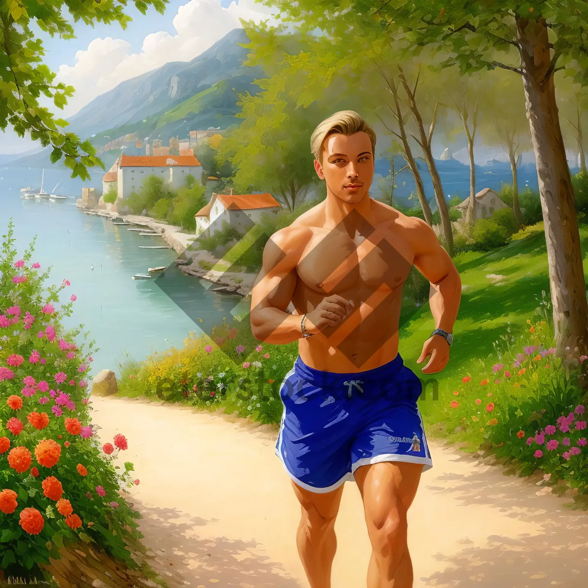 Picture of Happy man at the beach in swimsuit.